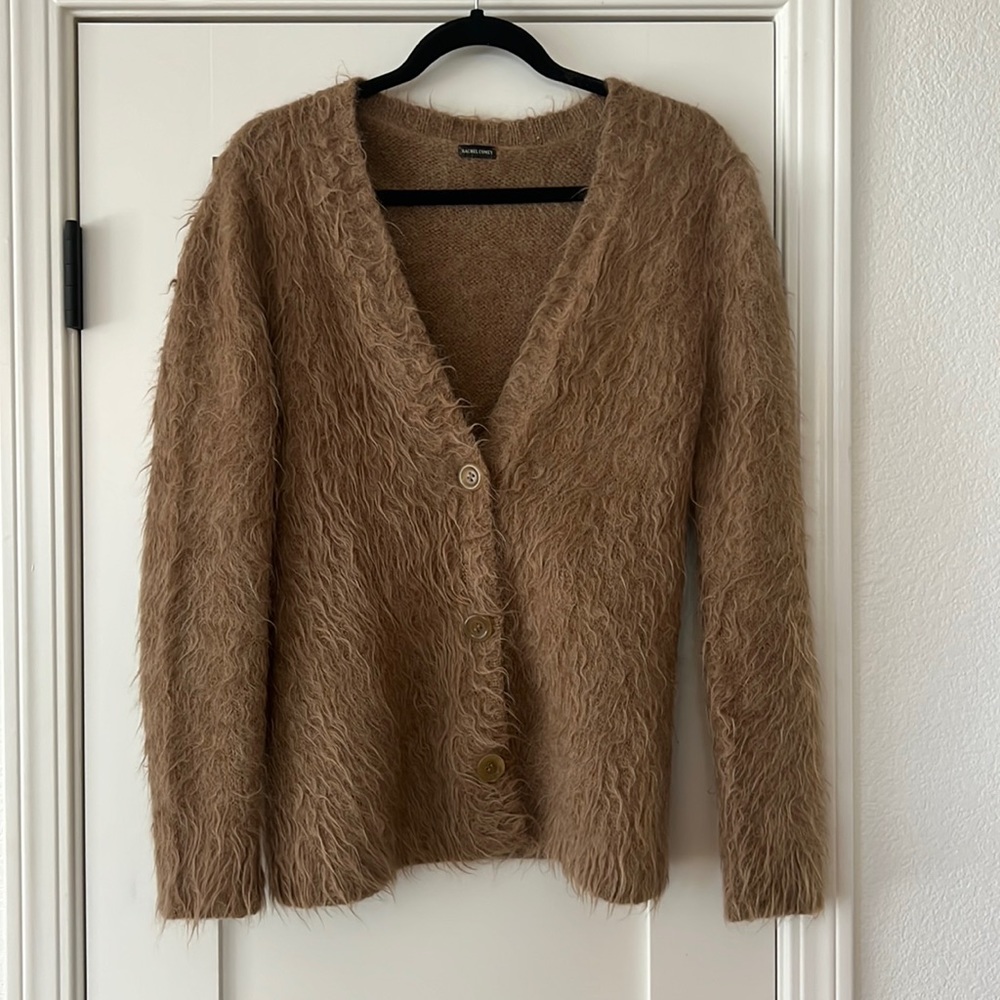 Fuzzy Rachel Comey tan cardigan.